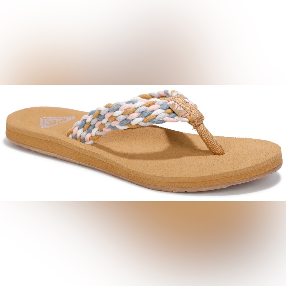 Roxy Porto III Multicolor Braided Flip Flops NWT Sz 9 Wt/Bl/Lt Bl/Pk/Tn - Picture 2 of 7
